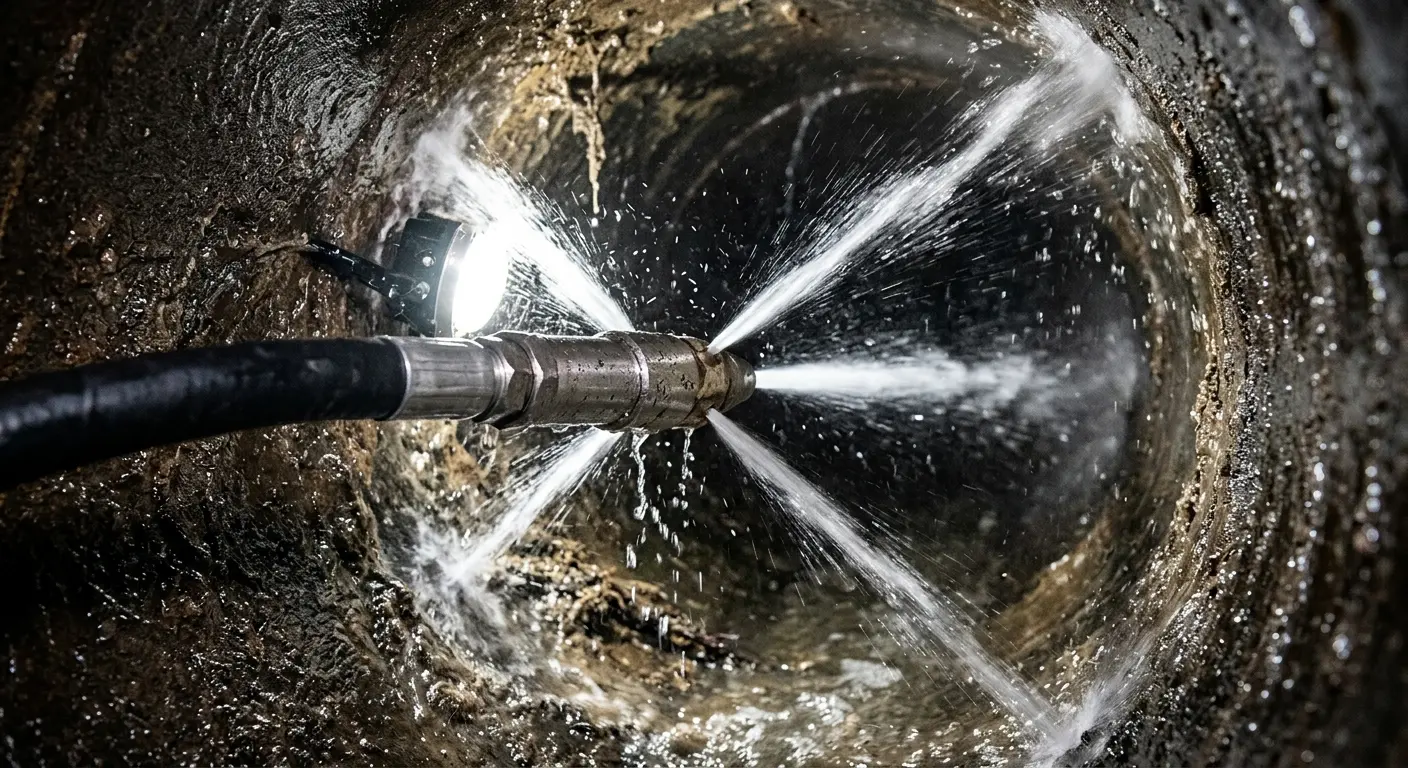 High-pressure hydro jetting nozzle cleaning sewer pipe for Trenchless Sewer Repair in North Caldwell