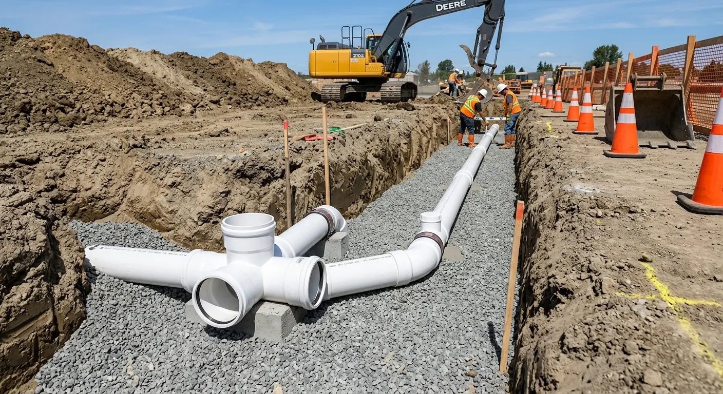 New PVC sewer pipe installation in open trench for Commercial Drain Cleaning in North Caldwell