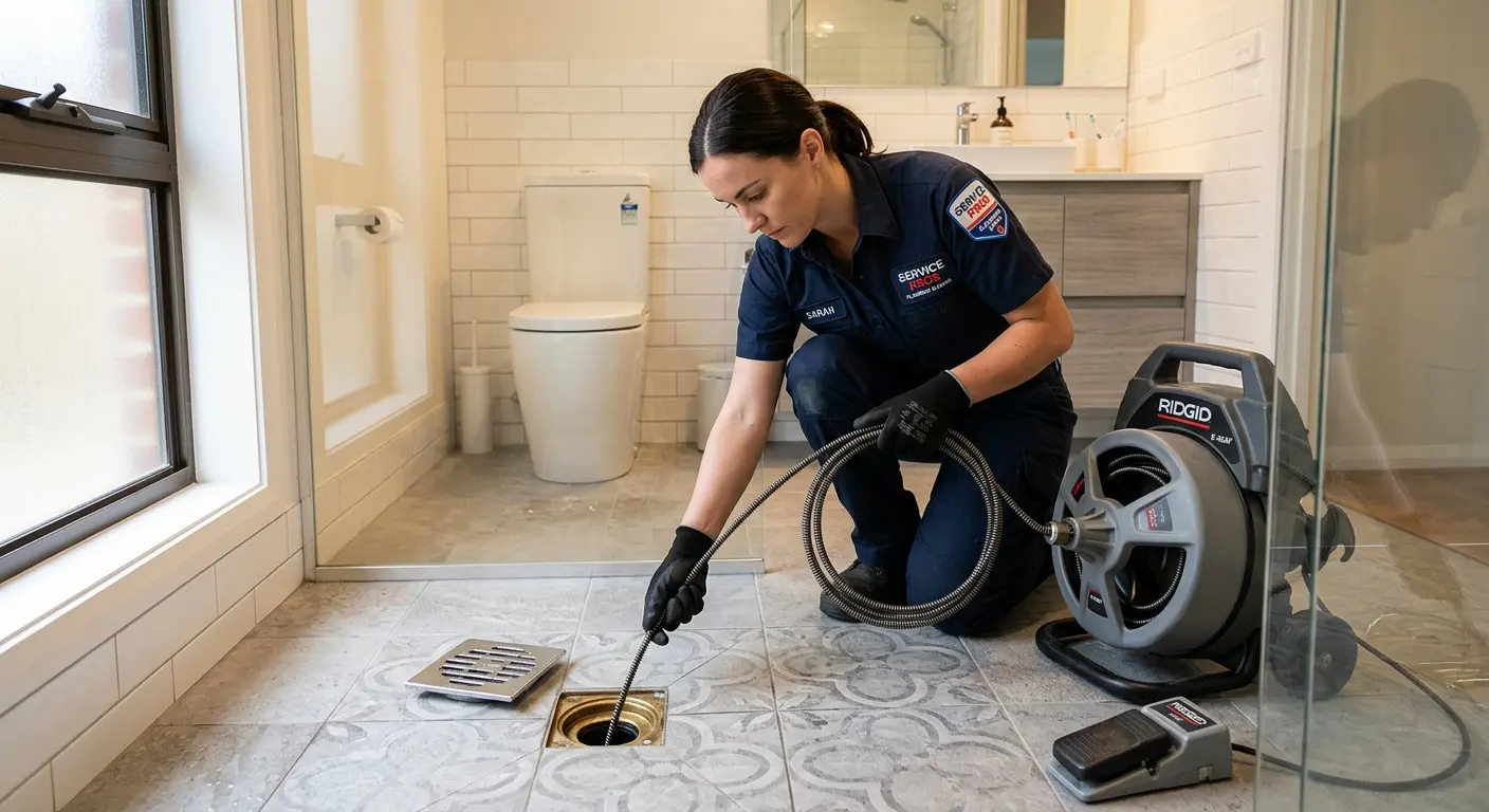 Technician clearing a bathroom floor drain for Clogged Drain Repair in North Caldwell
